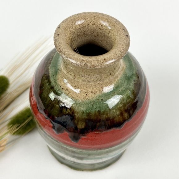Studio Art Pottery Vase 5.5" Tall Fat Lava-Style Glaze Red/Green/Brown Signed - Picture 7 of 8